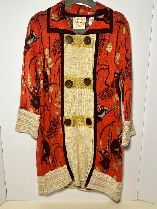 Lia Molly Anthropologie Sweater Monkey Print Double Button Gold Tan Red/Brown - Picture 1 of 7